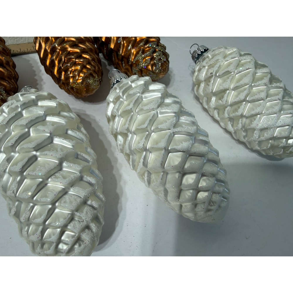 Vintage German Glass‎ Pinecone Christmas Ornaments Amber White Glitter Set of 6